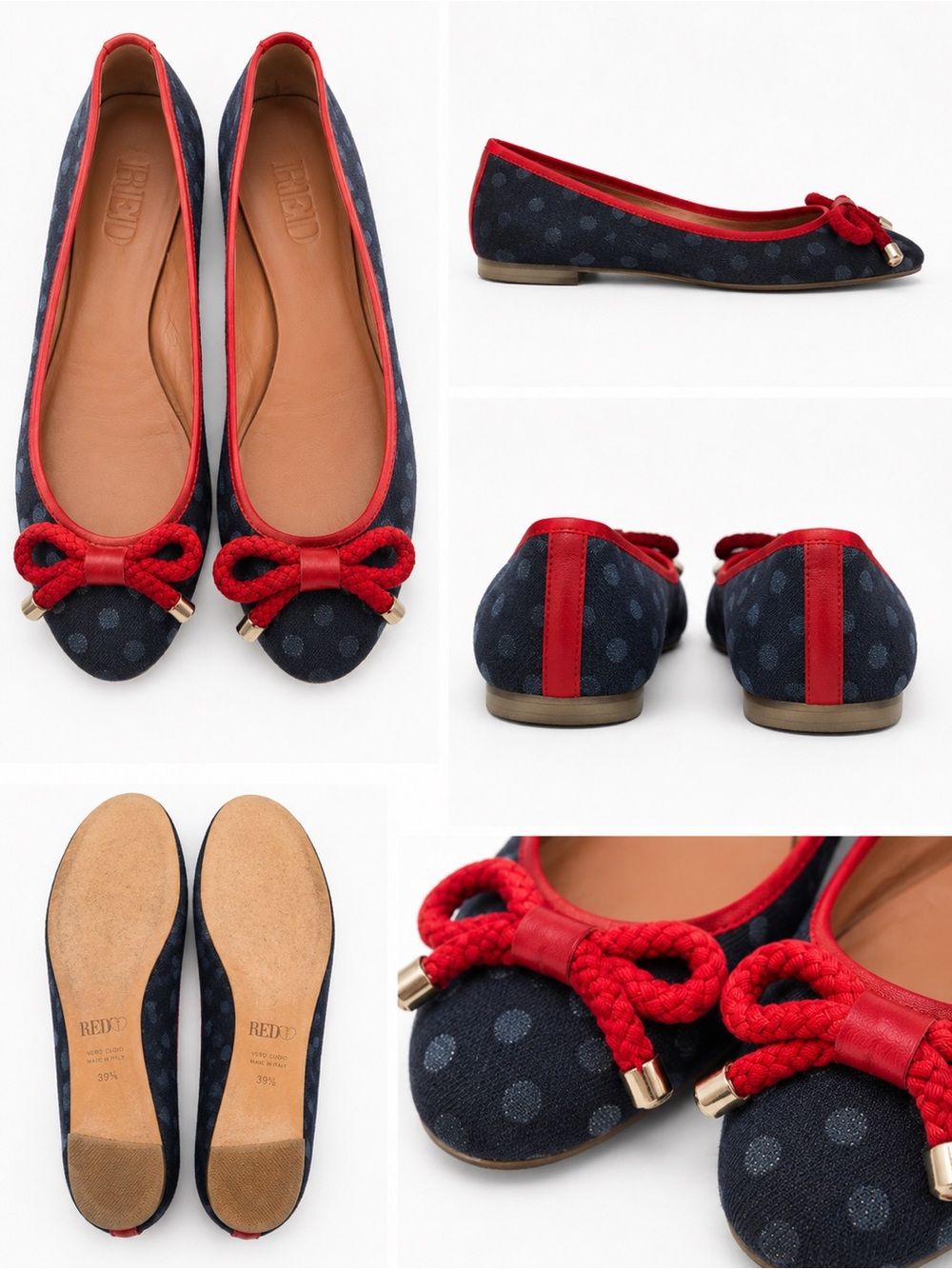 RED Valentino Navy Polka Dot Ballet Flats with Red Trim and Bow